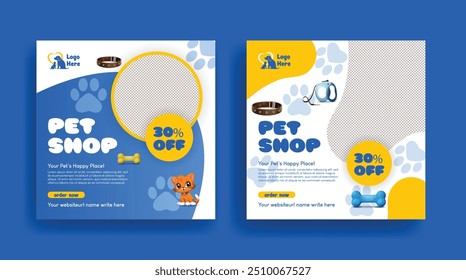 Pet shop and veterinary clinic social media post banner template, promotional ad or square flyer or poster template with dog and cat illustration background design