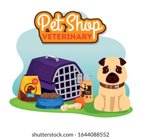 pet shop veterinary with cute dog and icons vector illustration design