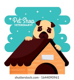 pet shop veterinary with cute dog in wooden house vector illustration design