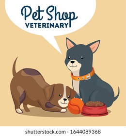 pet shop veterinary with cute dogs and icons vector illustration design