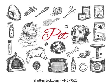 Pet shop and Veterinary set.  Vector hand drawn. Isolated objects on white with a persian cat and dog.