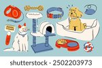 Pet shop, veterinary shop supplies. Food bowl, toys, bed, collar, leash, brush, ball, mouse, cat house. Pet care, accessories for cats, dogs. Hand drawn Vector illustration. Isolated design elements
