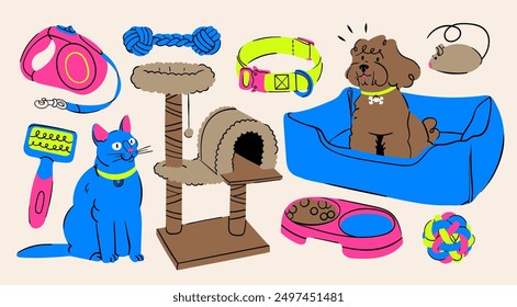 Pet shop, veterinary shop supplies. Food bowl, toys, bed, collar, leash, brush, ball, mouse, cat house. Pet care, accessories for cats, dogs. Hand drawn Vector illustration. Isolated design elements