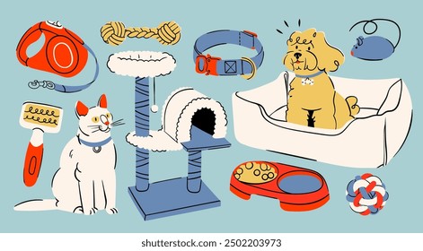 Tienda de mascotas, tienda de suministros veterinarios. Cuenco de comida, juguetes, cama, collar, correa, cepillo, bola, ratón, casa del gato. Cuidado de mascotas, accesorios para gatos, perros. Ilustración vectorial dibujada a mano. Elementos de diseño aislados