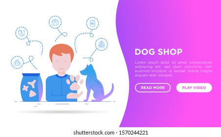 Pet shop web page template: man with dog and thin line icons: pet food, bed, leash, bag for transportation. Vector illustration.