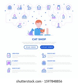 Pet shop web page template with thin line icons: bags for transportation, hygiene, pet collars, doors, toys, feeders, scratchers, cat litter, pet treat, catwheel. Modern vector illustration.