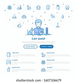 Pet shop web page template with thin line icons: bags for transportation, hygiene, pet collars, doors, toys, feeders, scratchers, cat litter, pet treat, catwheel. Modern vector illustration.