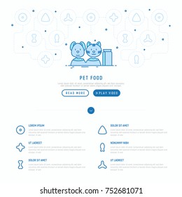 Pet shop web page template with thin line icons of cat, dog and bowls with dry food. Vector illustration.