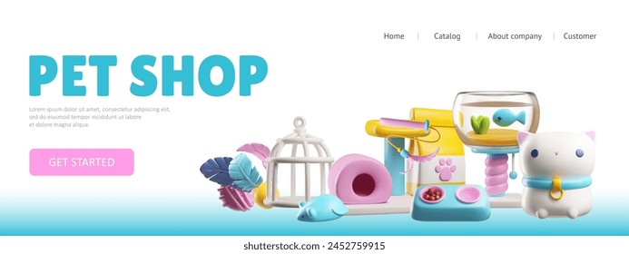 Plantilla de Web de tienda de mascotas. Anuncio de Vector 3D en estilo de dibujos animados con una variedad de juguetes, accesorios y alimentos para mascotas. Ideal para una página de destino de tienda en línea.