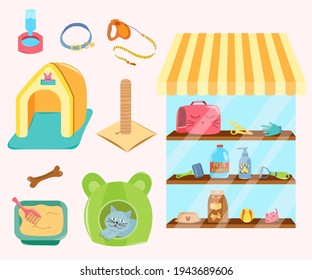 Pet shop with window. Store of pets care accessories. Collection of isolated pets elements. Food, beds, scratching posts, toys for pets. Vector illustration.