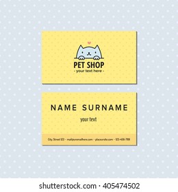 Pet shop yellow vector business card. Cute multicolored logo with blue cat and heart.