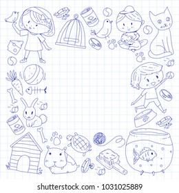 Pet shop, zoo, veterinary. Kindergarten small children. Kids plays with animals. Vector pattern woth cat, hamster, dog, bunny, rabbit. Study, care and play