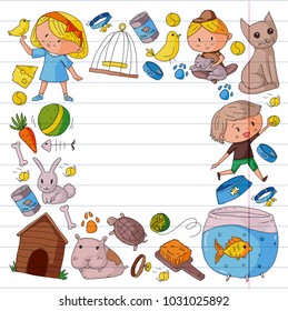 Pet shop, zoo, veterinary. Kindergarten small children. Kids plays with animals. Vector pattern woth cat, hamster, dog, bunny, rabbit. Study, care and play