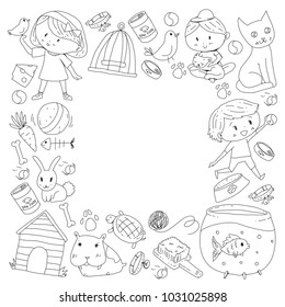 Pet shop, zoo, veterinary. Kindergarten small children. Kids plays with animals. Vector pattern woth cat, hamster, dog, bunny, rabbit. Study, care and play