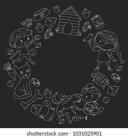 Pet shop, zoo, veterinary. Kindergarten small children. Kids plays with animals. Vector pattern woth cat, hamster, dog, bunny, rabbit. Study, care and play