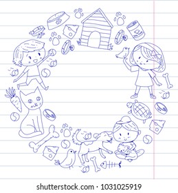 Pet shop, zoo, veterinary. Kindergarten small children. Kids plays with animals. Vector pattern woth cat, hamster, dog, bunny, rabbit. Study, care and play