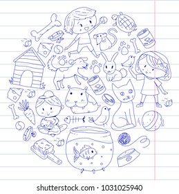 Pet shop, zoo, veterinary. Kindergarten small children. Kids plays with animals. Vector pattern woth cat, hamster, dog, bunny, rabbit. Study, care and play