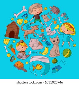 Pet shop, zoo, veterinary. Kindergarten small children. Kids plays with animals. Vector pattern woth cat, hamster, dog, bunny, rabbit. Study, care and play
