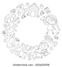 Pet shop, zoo, veterinary. Kindergarten small children. Kids plays with animals. Vector pattern woth cat, hamster, dog, bunny, rabbit. Study, care and play