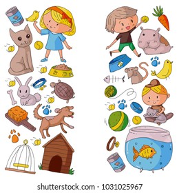 Pet shop, zoo, veterinary. Kindergarten small children. Kids plays with animals. Vector pattern woth cat, hamster, dog, bunny, rabbit. Study, care and play