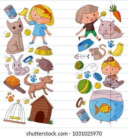 Pet shop, zoo, veterinary. Kindergarten small children. Kids plays with animals. Vector pattern woth cat, hamster, dog, bunny, rabbit. Study, care and play