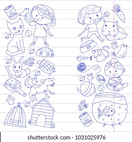 Pet shop, zoo, veterinary. Kindergarten small children. Kids plays with animals. Vector pattern woth cat, hamster, dog, bunny, rabbit. Study, care and play