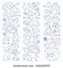 Pet shop, zoo, veterinary. Kindergarten small children. Kids plays with animals. Vector pattern woth cat, hamster, dog, bunny, rabbit. Study, care and play