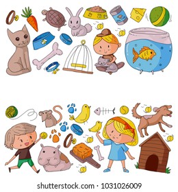 Pet shop, zoo, veterinary. Kindergarten small children. Kids plays with animals. Vector pattern woth cat, hamster, dog, bunny, rabbit. Study, care and play