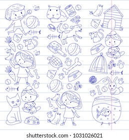Pet shop, zoo, veterinary. Kindergarten small children. Kids plays with animals. Vector pattern woth cat, hamster, dog, bunny, rabbit. Study, care and play