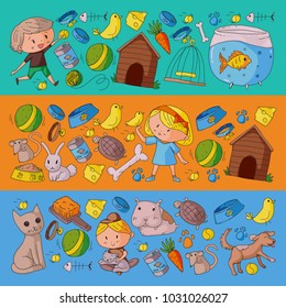 Pet shop, zoo, veterinary. Kindergarten small children. Kids plays with animals. Vector pattern woth cat, hamster, dog, bunny, rabbit. Study, care and play