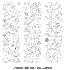 Pet shop, zoo, veterinary. Kindergarten small children. Kids plays with animals. Vector pattern woth cat, hamster, dog, bunny, rabbit. Study, care and play