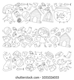 Pet shop, zoo, veterinary. Kindergarten small children. Kids plays with animals. Vector pattern woth cat, hamster, dog, bunny, rabbit. Study, care and play