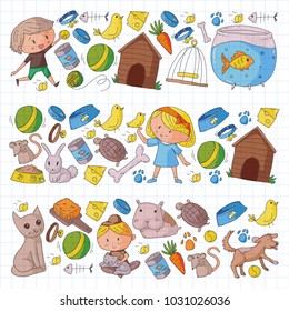 Pet shop, zoo, veterinary. Kindergarten small children. Kids plays with animals. Vector pattern woth cat, hamster, dog, bunny, rabbit. Study, care and play