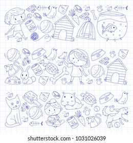 Pet shop, zoo, veterinary. Kindergarten small children. Kids plays with animals. Vector pattern woth cat, hamster, dog, bunny, rabbit. Study, care and play