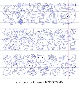 Pet shop, zoo, veterinary. Kindergarten small children. Kids plays with animals. Vector pattern woth cat, hamster, dog, bunny, rabbit. Study, care and play