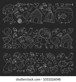 Pet shop, zoo, veterinary. Kindergarten small children. Kids plays with animals. Vector pattern woth cat, hamster, dog, bunny, rabbit. Study, care and play