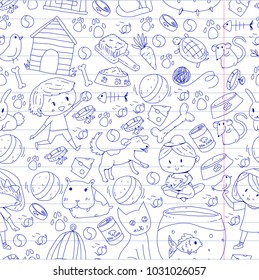 Pet shop, zoo, veterinary. Kindergarten small children. Kids plays with animals. Vector pattern woth cat, hamster, dog, bunny, rabbit. Study, care and play