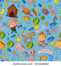 Pet shop, zoo, veterinary. Kindergarten small children. Kids plays with animals. Vector pattern woth cat, hamster, dog, bunny, rabbit. Study, care and play