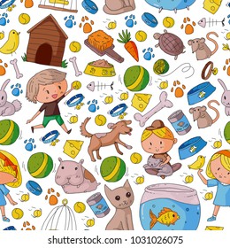 Pet shop, zoo, veterinary. Kindergarten small children. Kids plays with animals. Vector pattern woth cat, hamster, dog, bunny, rabbit. Study, care and play