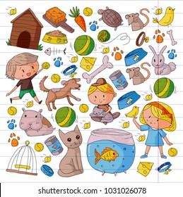 Pet shop, zoo, veterinary. Kindergarten small children. Kids plays with animals. Vector pattern woth cat, hamster, dog, bunny, rabbit. Study, care and play