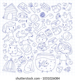 Pet shop, zoo, veterinary. Kindergarten small children. Kids plays with animals. Vector pattern woth cat, hamster, dog, bunny, rabbit. Study, care and play