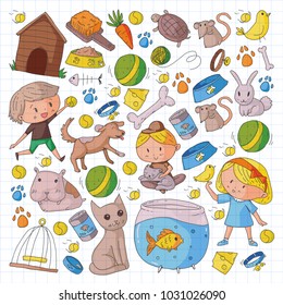 Pet shop, zoo, veterinary. Kindergarten small children. Kids plays with animals. Vector pattern woth cat, hamster, dog, bunny, rabbit. Study, care and play