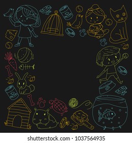 Pet shop, zoo, veterinary. Kindergarten small children. Kids plays with animals. Vector pattern woth cat, hamster, dog, bunny, rabbit. Study, care and play