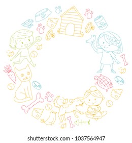 Pet shop, zoo, veterinary. Kindergarten small children. Kids plays with animals. Vector pattern woth cat, hamster, dog, bunny, rabbit. Study, care and play