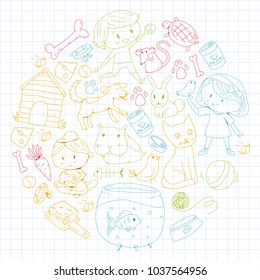 Pet shop, zoo, veterinary. Kindergarten small children. Kids plays with animals. Vector pattern woth cat, hamster, dog, bunny, rabbit. Study, care and play