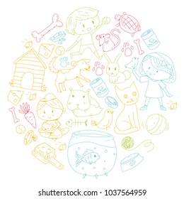 Pet shop, zoo, veterinary. Kindergarten small children. Kids plays with animals. Vector pattern woth cat, hamster, dog, bunny, rabbit. Study, care and play