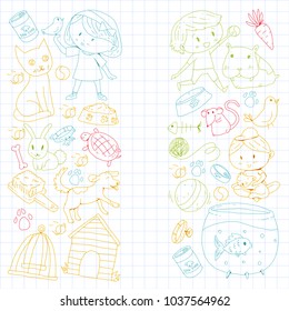 Pet shop, zoo, veterinary. Kindergarten small children. Kids plays with animals. Vector pattern woth cat, hamster, dog, bunny, rabbit. Study, care and play