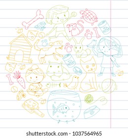 Pet shop, zoo, veterinary. Kindergarten small children. Kids plays with animals. Vector pattern woth cat, hamster, dog, bunny, rabbit. Study, care and play
