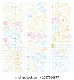 Pet shop, zoo, veterinary. Kindergarten small children. Kids plays with animals. Vector pattern woth cat, hamster, dog, bunny, rabbit. Study, care and play