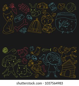 Pet shop, zoo, veterinary. Kindergarten small children. Kids plays with animals. Vector pattern woth cat, hamster, dog, bunny, rabbit. Study, care and play